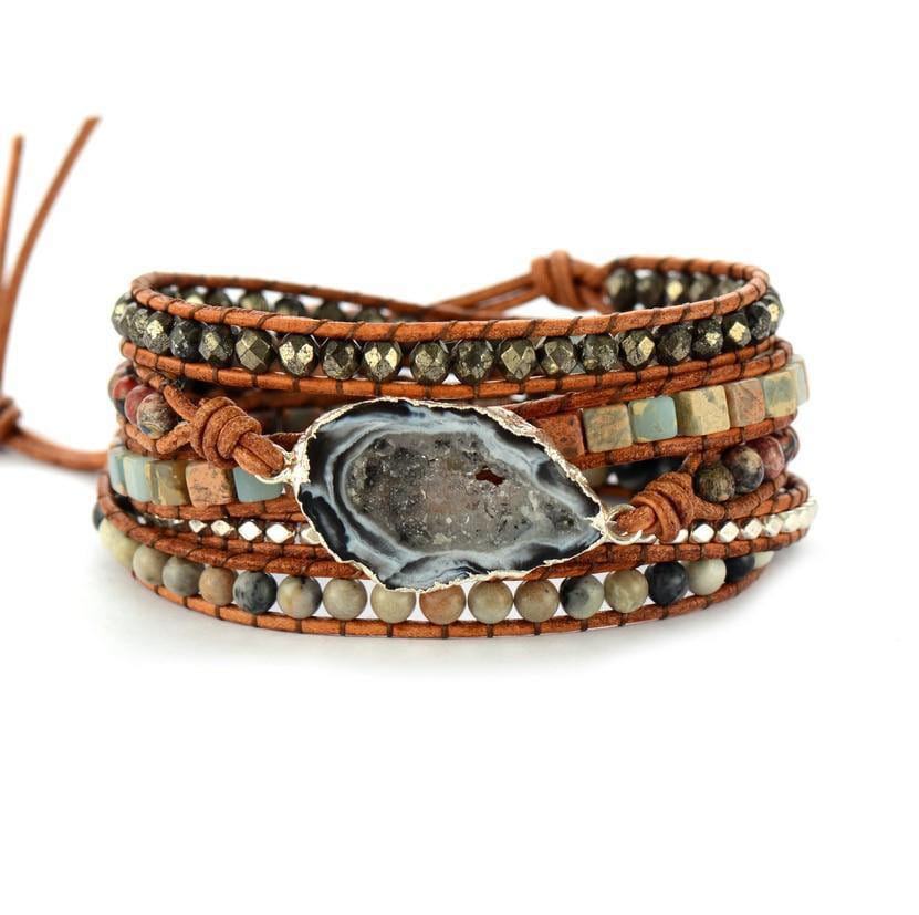 Bohowerk - Handgemachtes Boho Leder Armband mit Natursteinen