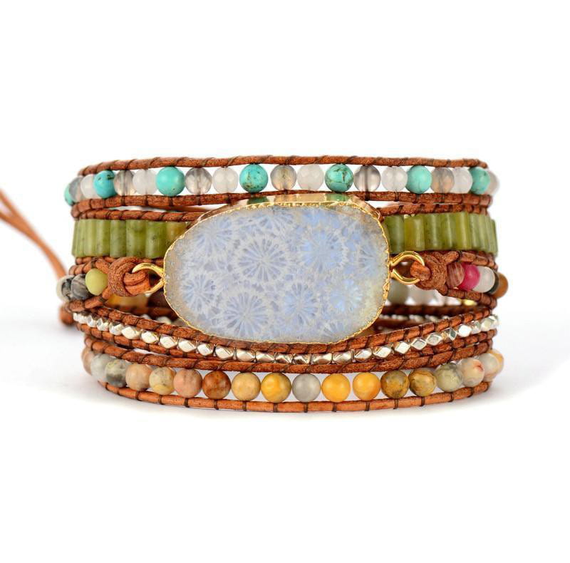 Steinwerk - Handgefertigtes Vintage Leder Armband mit Natursteinen und Chrysanthemensteinen